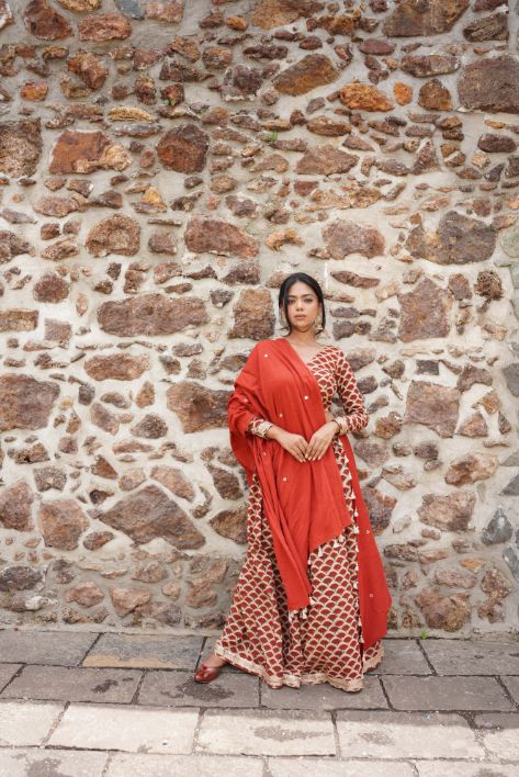 Red Butta Block Printing Lehenga Set at Kamakhyaa by Hasttvam. This item is Relaxed Fit