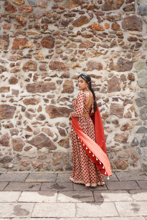 Red Butta Block Printing Lehenga Set at Kamakhyaa by Hasttvam. This item is Relaxed Fit