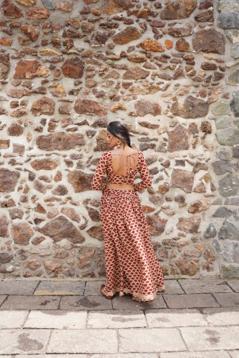 Red Butta Block Printing Lehenga Set at Kamakhyaa by Hasttvam. This item is Relaxed Fit