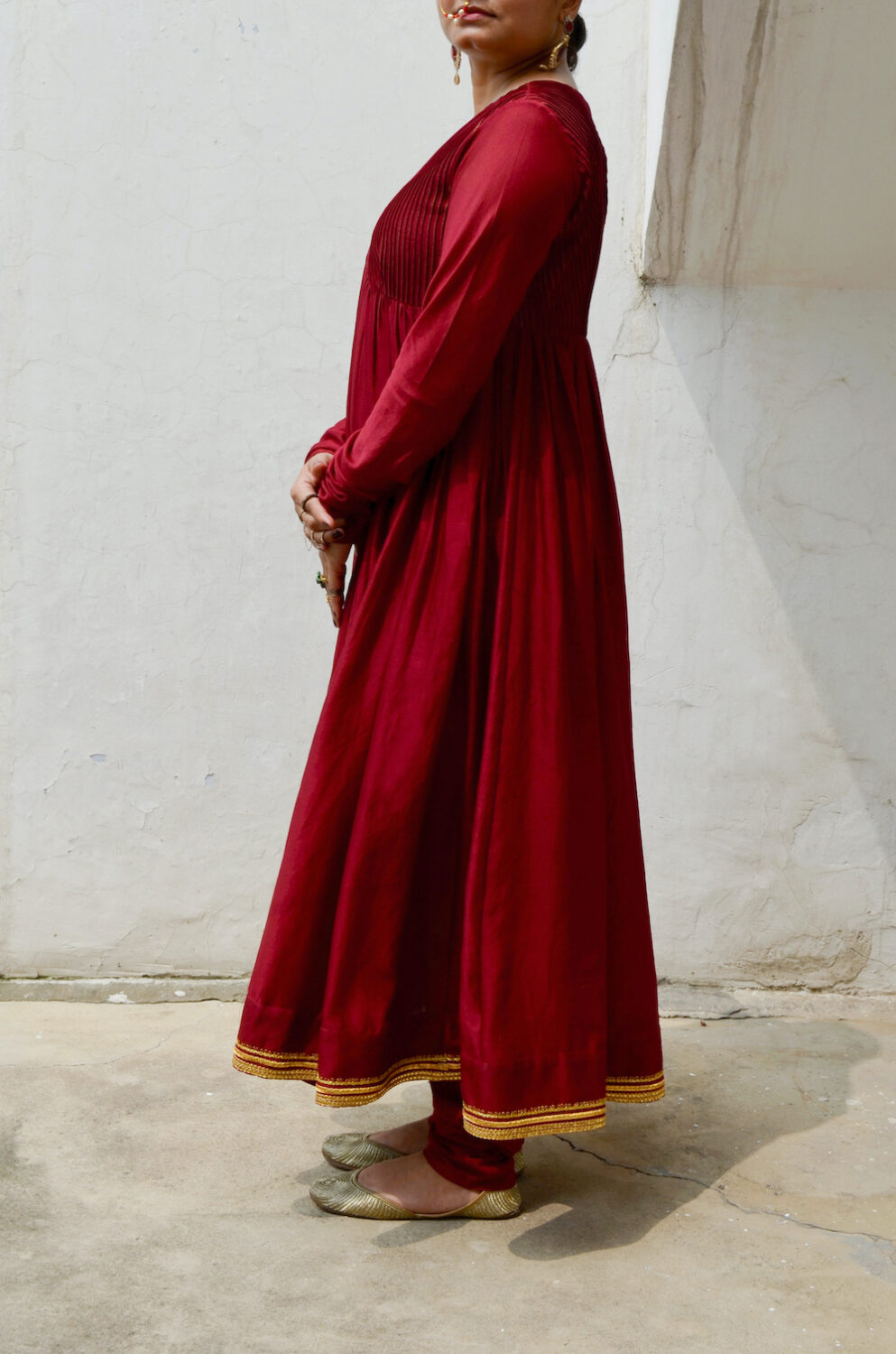 Red Chanderi Anakali with Dupatta at Kamakhyaa by Ahmev. This item is Chanderi Silk, Co-ord Sets, Cotton, Embellished, Evening Wear, Festive Wear, Kurta Set with Dupattas, Party Wear, Red, Regular Fit, Rumi, Solids, Womenswear