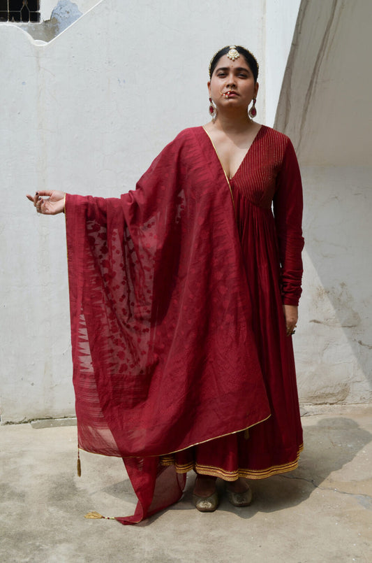 Red Chanderi Anakali with Dupatta at Kamakhyaa by Ahmev. This item is Chanderi Silk, Co-ord Sets, Cotton, Embellished, Evening Wear, Festive Wear, Kurta Set with Dupattas, Party Wear, Red, Regular Fit, Rumi, Solids, Womenswear