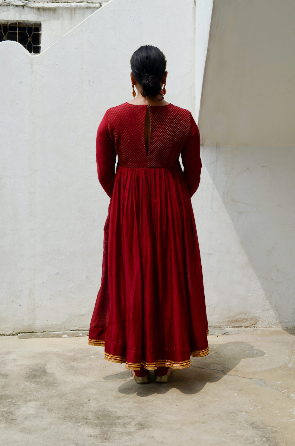 Red Chanderi Anakali with Dupatta at Kamakhyaa by Ahmev. This item is Chanderi Silk, Co-ord Sets, Cotton, Embellished, Evening Wear, Festive Wear, Kurta Set with Dupattas, Party Wear, Red, Regular Fit, Rumi, Solids, Womenswear