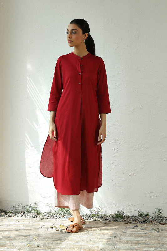 Red Cotton Kurta Salwar Set at Kamakhyaa by Canoopi. This item is Canoopi, Casual Wear, Cotton, Indian Wear, Khadi, Kurta Pant Sets, Natural, Red, Regular Fit, Solids, White, Womenswear