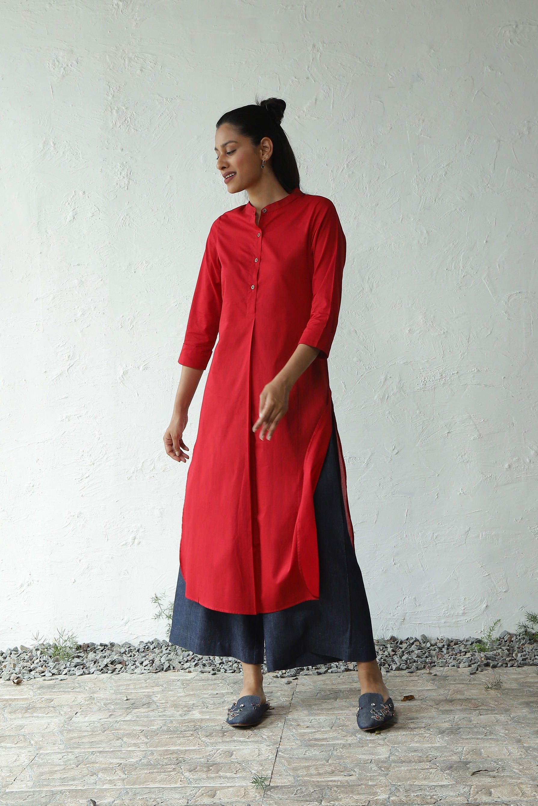Red Cotton Long Kurta Palazzo Set at Kamakhyaa by Canoopi. This item is Blue, Canoopi, Casual Wear, Cotton, Denim, Indian Wear, Kurta Pant Sets, Natural, Red, Regular Fit, Solids, Womenswear