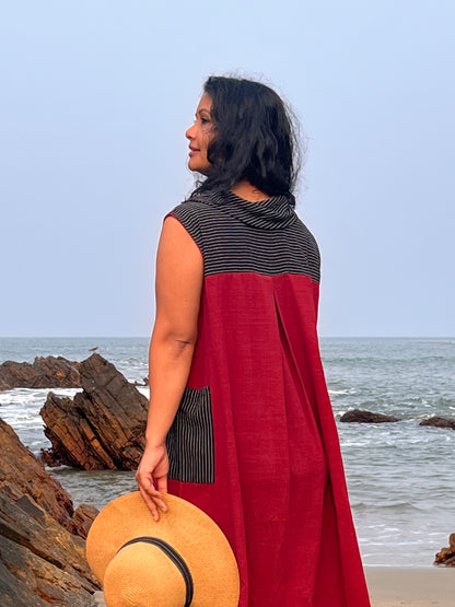 Red Cowl Neck Naturally Dyed Midi Dress at Kamakhyaa by Krushnachuda. This item is Handloom Cotton, Midi Dresses, Natural Dye, Organic, Red, Relaxed Fit, Resort Wear, Stripes