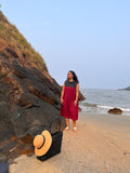 Red Cowl Neck Naturally Dyed Midi Dress at Kamakhyaa by Krushnachuda. This item is Handloom Cotton, Midi Dresses, Natural Dye, Organic, Red, Relaxed Fit, Resort Wear, Stripes