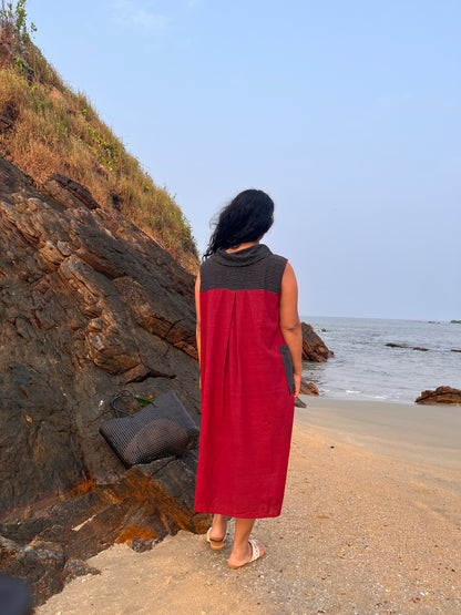Red Cowl Neck Naturally Dyed Midi Dress at Kamakhyaa by Krushnachuda. This item is Handloom Cotton, Midi Dresses, Natural Dye, Organic, Red, Relaxed Fit, Resort Wear, Stripes
