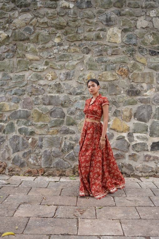 Red Hand Block Printed Lehenga Set at Kamakhyaa by Hasttvam. This item is Cotton, Festive Wear, Floral, Handmade by Artisans, Natural dyes, Red, Relaxed Fit, Respondible production and Vegan