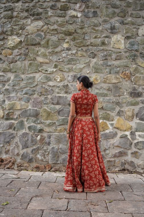 Red Hand Block Printed Lehenga Set at Kamakhyaa by Hasttvam. This item is Cotton, Festive Wear, Floral, Handmade by Artisans, Natural dyes, Red, Relaxed Fit, Respondible production and Vegan