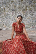 Red Hand Block Printed Lehenga Set at Kamakhyaa by Hasttvam. This item is Cotton, Festive Wear, Floral, Handmade by Artisans, Natural dyes, Red, Relaxed Fit, Respondible production and Vegan