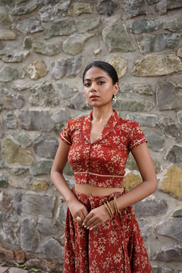 Red Hand Block Printed Lehenga Set at Kamakhyaa by Hasttvam. This item is Cotton, Festive Wear, Floral, Handmade by Artisans, Natural dyes, Red, Relaxed Fit, Respondible production and Vegan