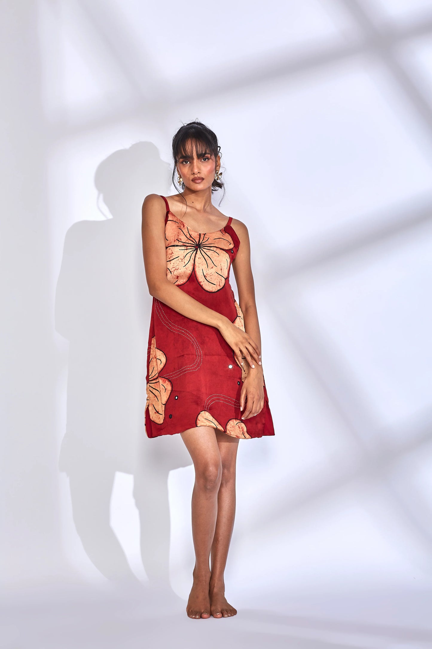 Red Hand Embroidery Dress at Kamakhyaa by Hasttvam. This item is Floral, Fusion Wear, Modal silk, Natural dyes, Red, Relaxed Fit, Respondible production and Vegan