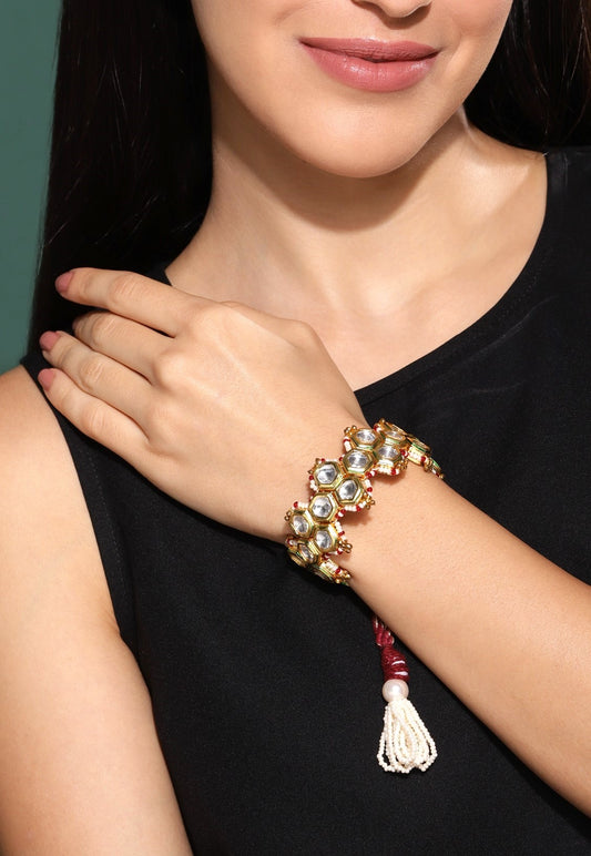 Red Honeycomb Pochi Bracelet at Kamakhyaa by House Of Heer. This item is Alloy Metal, Bracelets, Festive Wear, Free Size, jewelry, Multicolor, Natural, rakhis & lumbas, Textured