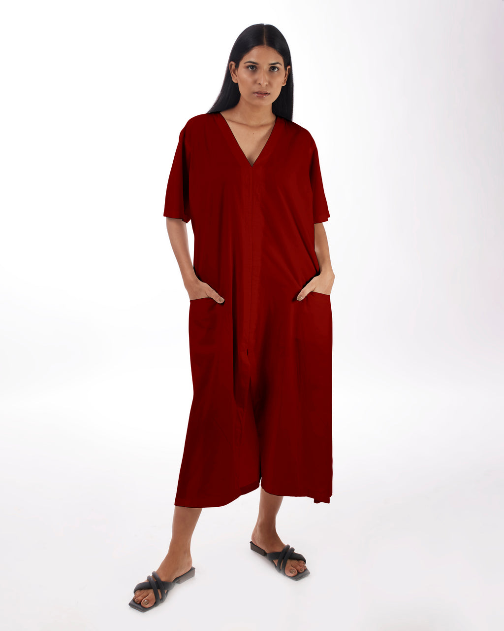 Red Kaftan Dress With Front Pockets at Kamakhyaa by Kamakhyaa. This item is 100% pure cotton, Casual Wear, Kaftans, KKYSS, Midi Dresses, Natural, Red, Relaxed Fit, Solids, Summer Sutra, Womenswear