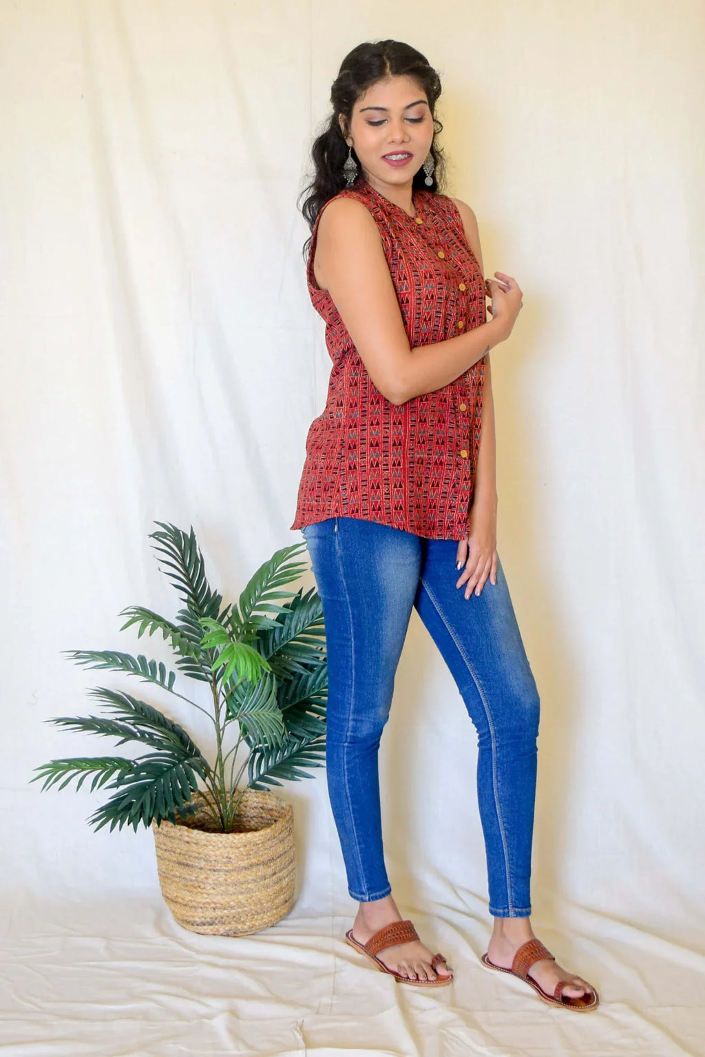 Red Kala Sleeveless Cotton Top at Kamakhyaa by Hasttvam. This item is Casual Wear, Cotton, Handmade by Artisans, Natural dyes, Red, Relaxed Fit, Respondible production and Vegan