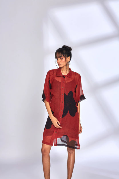 Red Kota Shirt Dress at Kamakhyaa by Hasttvam. This item is Floral, Fusion Wear, Kota Doria, Natural dyes, Red, Relaxed Fit, Respondible production and Vegan