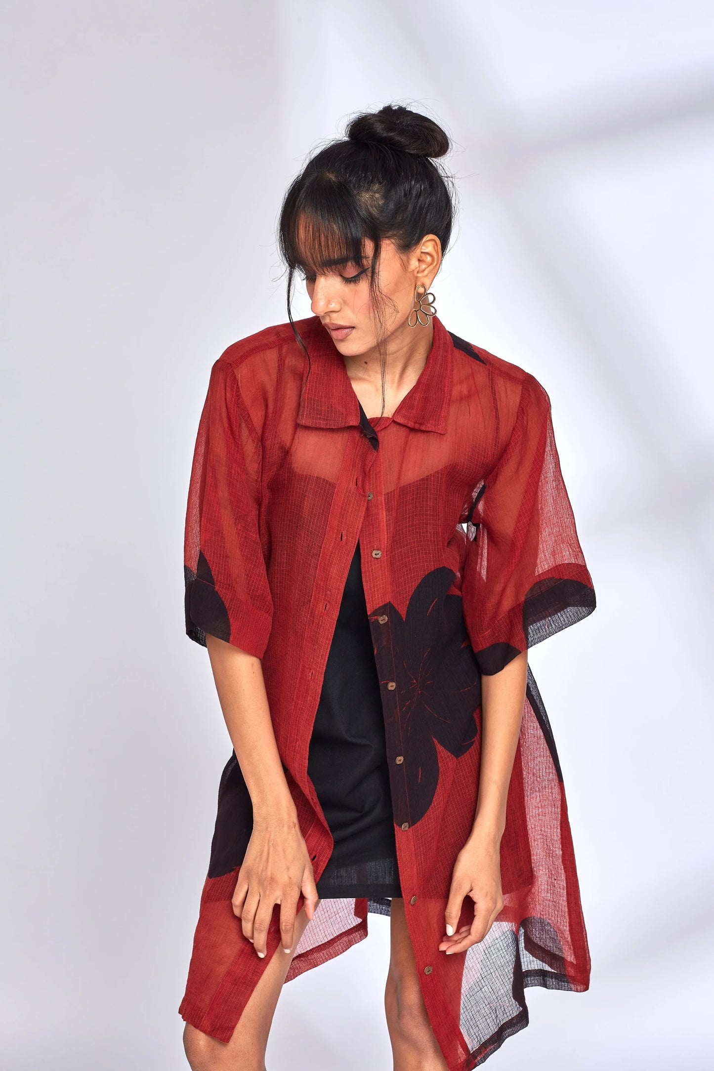 Red Kota Shirt Dress at Kamakhyaa by Hasttvam. This item is Floral, Fusion Wear, Kota Doria, Natural dyes, Red, Relaxed Fit, Respondible production and Vegan