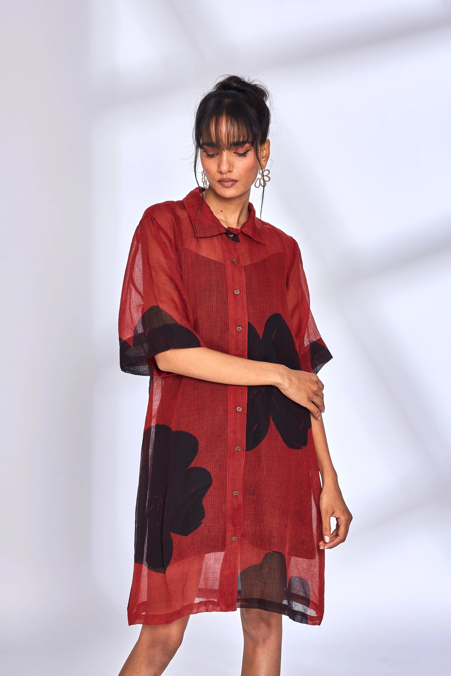 Red Kota Shirt Dress at Kamakhyaa by Hasttvam. This item is Floral, Fusion Wear, Kota Doria, Natural dyes, Red, Relaxed Fit, Respondible production and Vegan