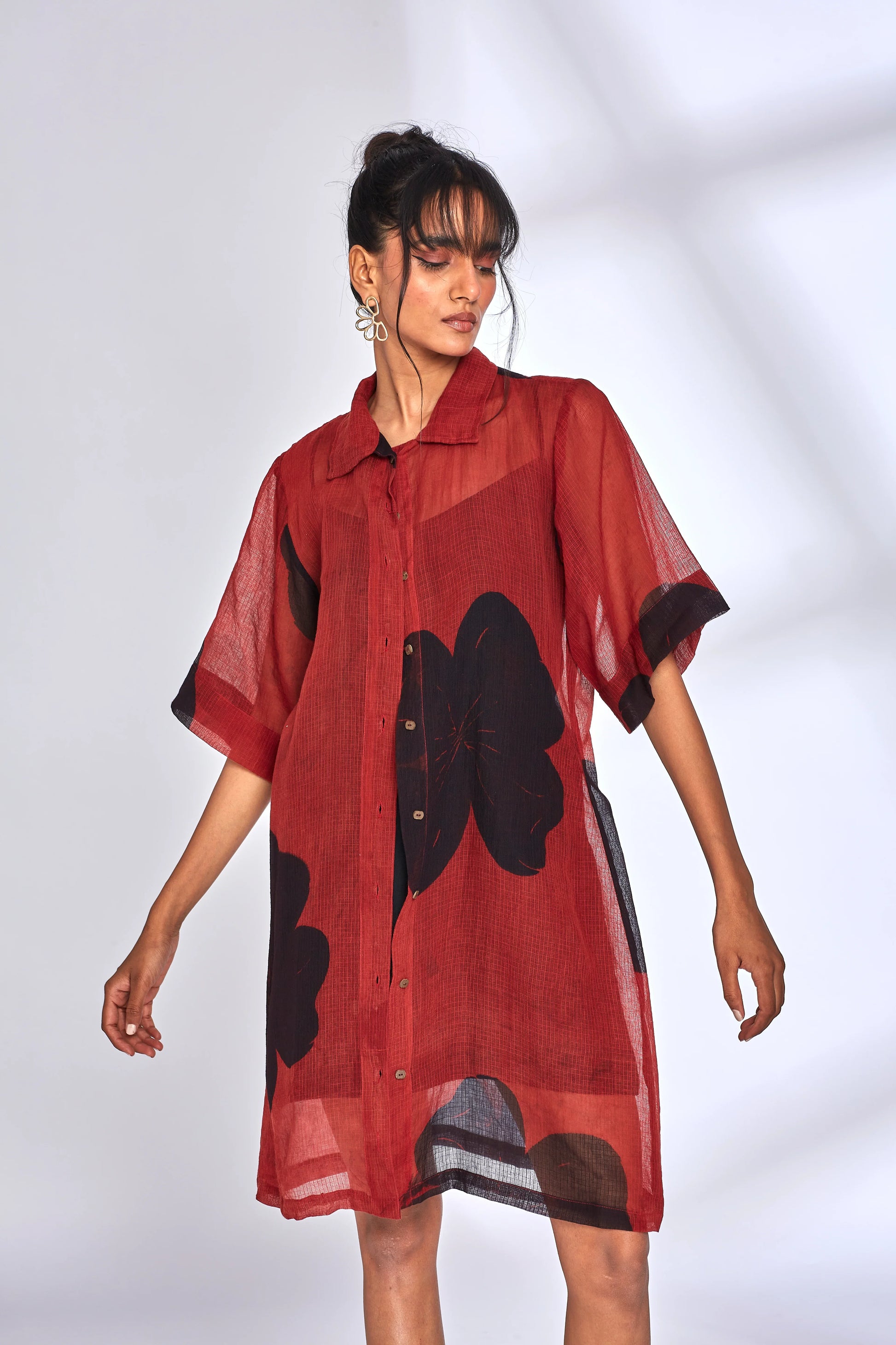 Red Kota Shirt Dress at Kamakhyaa by Hasttvam. This item is Floral, Fusion Wear, Kota Doria, Natural dyes, Red, Relaxed Fit, Respondible production and Vegan