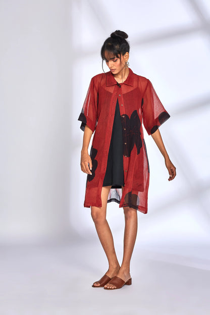 Red Kota Shirt Dress at Kamakhyaa by Hasttvam. This item is Floral, Fusion Wear, Kota Doria, Natural dyes, Red, Relaxed Fit, Respondible production and Vegan