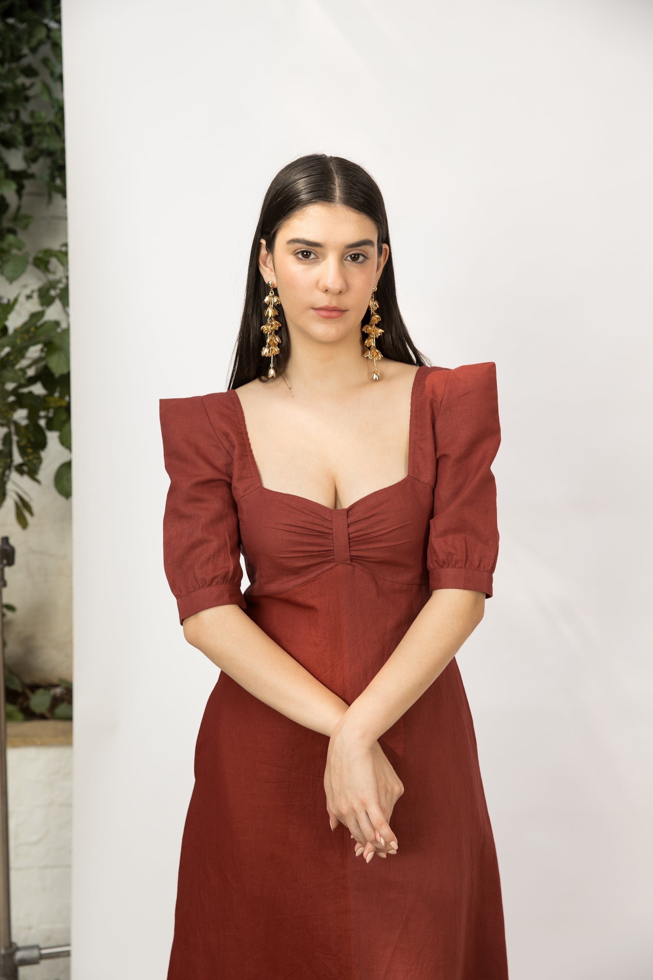 Red Midi Dress with Front Slit at kamakhyaa.com by Anushé Pirani. This item is Birthday Collection, Brunch Wear, Console Collection List, Cotton Hemp, Dresses, Midi Dresses, Nostalgic Whispers by Anushe Pirani, Outing Essentials, Red, Regular Fit, Review September 2025, Womenswear