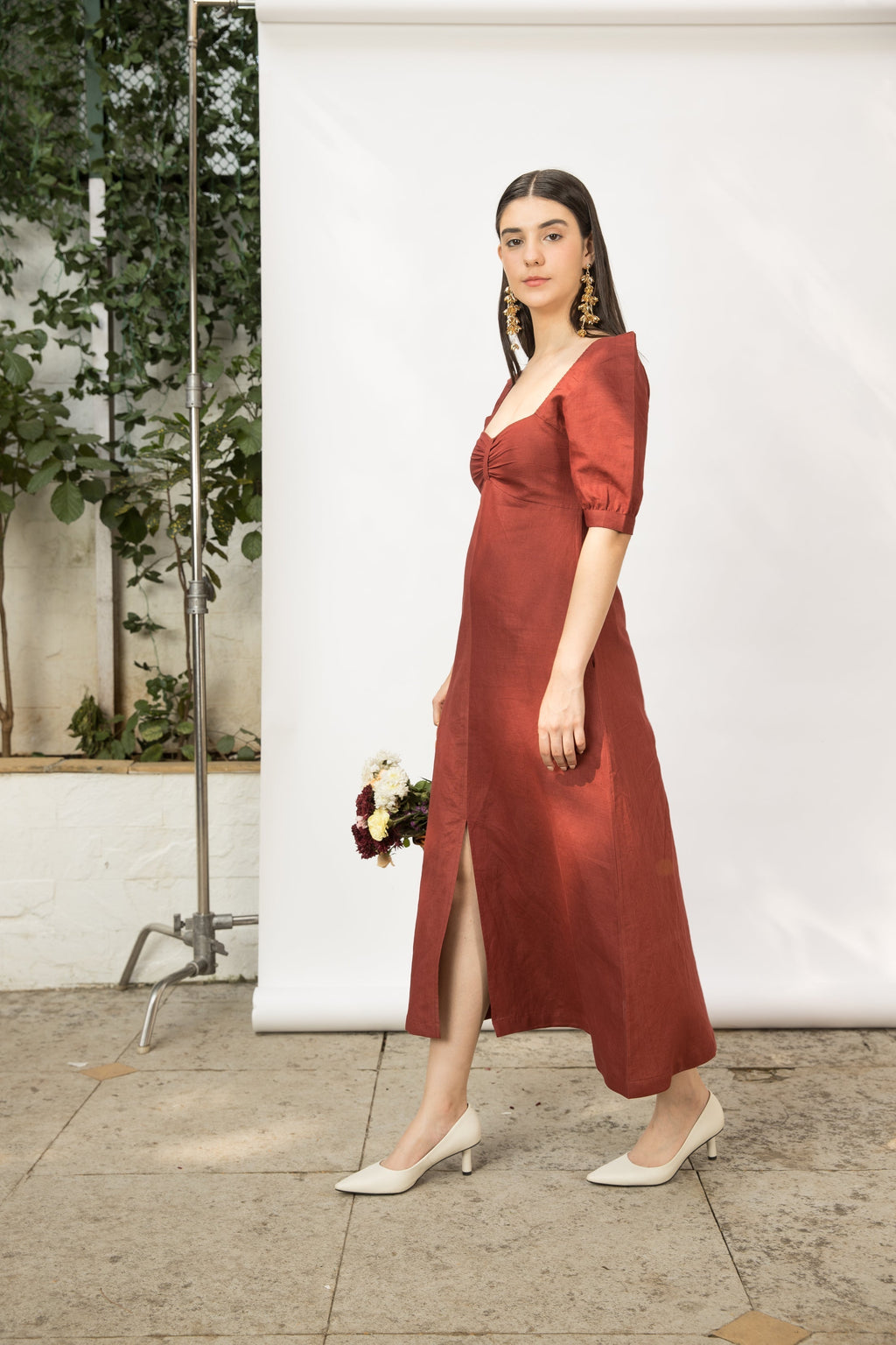 Red Midi Dress with Front Slit at kamakhyaa.com by Anushé Pirani. This item is Birthday Collection, Brunch Wear, Console Collection List, Cotton Hemp, Dresses, Midi Dresses, Nostalgic Whispers by Anushe Pirani, Outing Essentials, Red, Regular Fit, Review September 2025, Womenswear