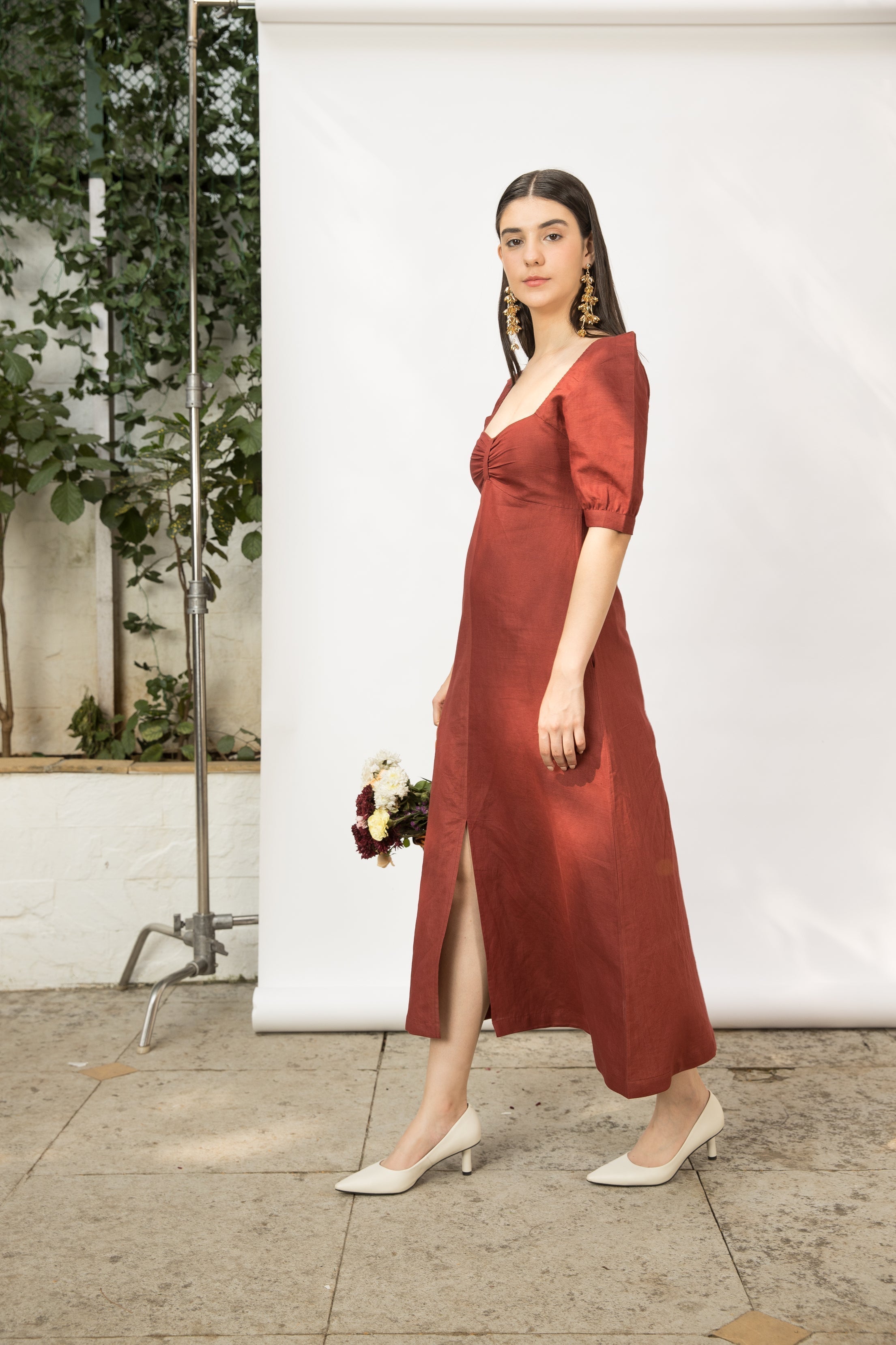 Red Midi Dress with Front Slit at kamakhyaa.com by Anushé Pirani. This item is Birthday Collection, Brunch Wear, Console Collection List, Cotton Hemp, Dresses, Midi Dresses, Nostalgic Whispers by Anushe Pirani, Outing Essentials, Red, Regular Fit, Review September 2025, Womenswear