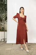 Red Midi Dress with Front Slit at kamakhyaa.com by Anushé Pirani. This item is Birthday Collection, Brunch Wear, Console Collection List, Cotton Hemp, Dresses, Midi Dresses, Nostalgic Whispers by Anushe Pirani, Outing Essentials, Red, Regular Fit, Review September 2025, Womenswear