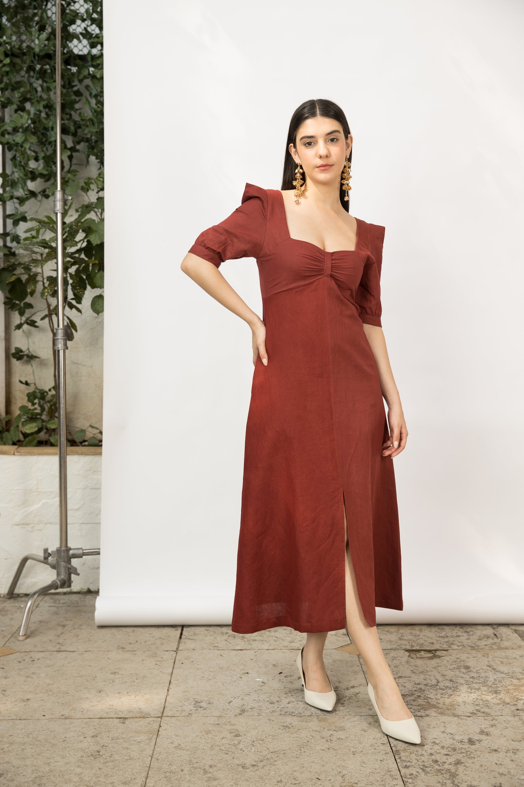 Red Midi Dress with Front Slit at kamakhyaa.com by Anushé Pirani. This item is Birthday Collection, Brunch Wear, Console Collection List, Cotton Hemp, Dresses, Midi Dresses, Nostalgic Whispers by Anushe Pirani, Outing Essentials, Red, Regular Fit, Review September 2025, Womenswear