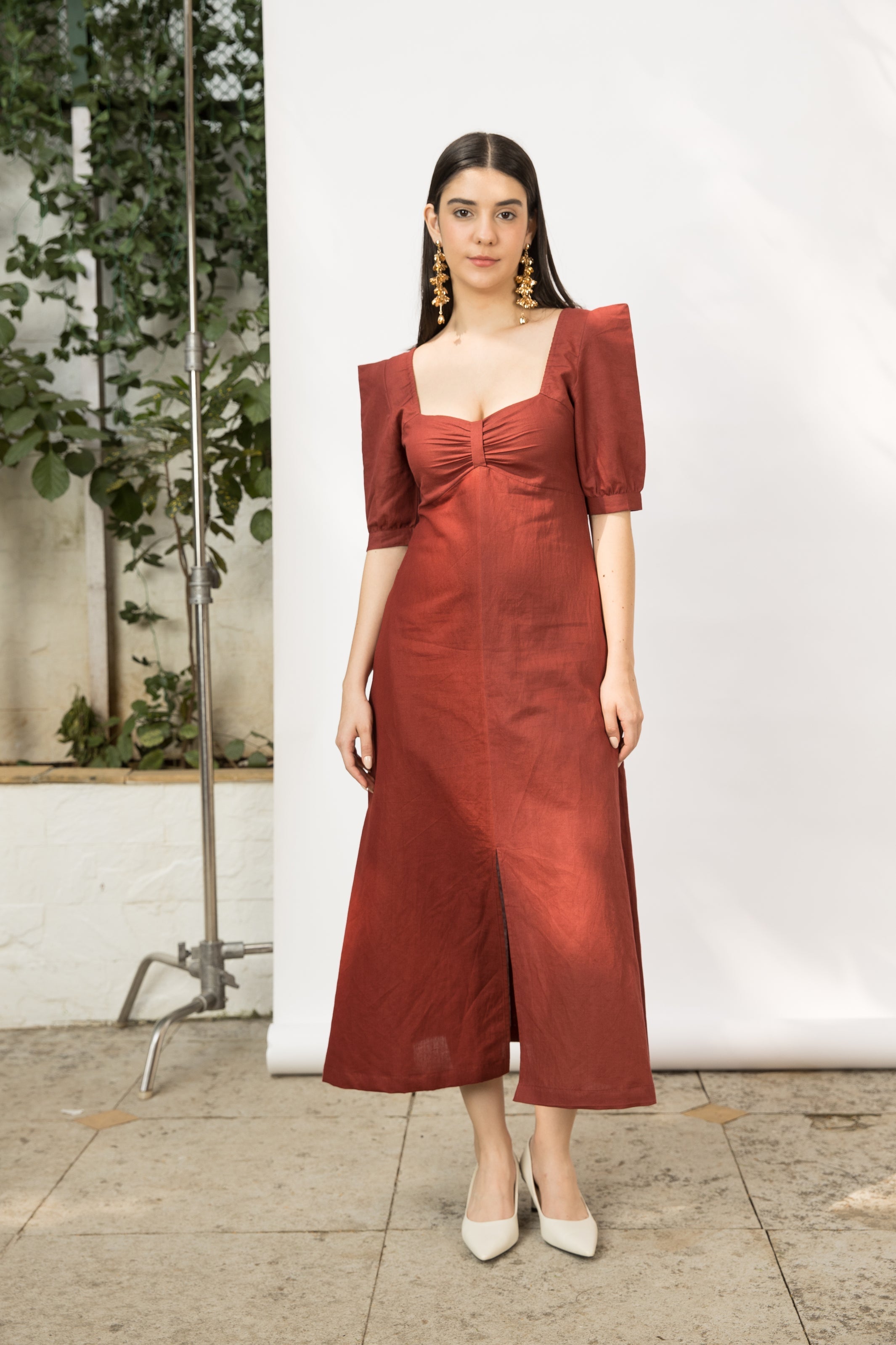 Red Midi Dress with Front Slit at kamakhyaa.com by Anushé Pirani. This item is Birthday Collection, Brunch Wear, Console Collection List, Cotton Hemp, Dresses, Midi Dresses, Nostalgic Whispers by Anushe Pirani, Outing Essentials, Red, Regular Fit, Review September 2025, Womenswear