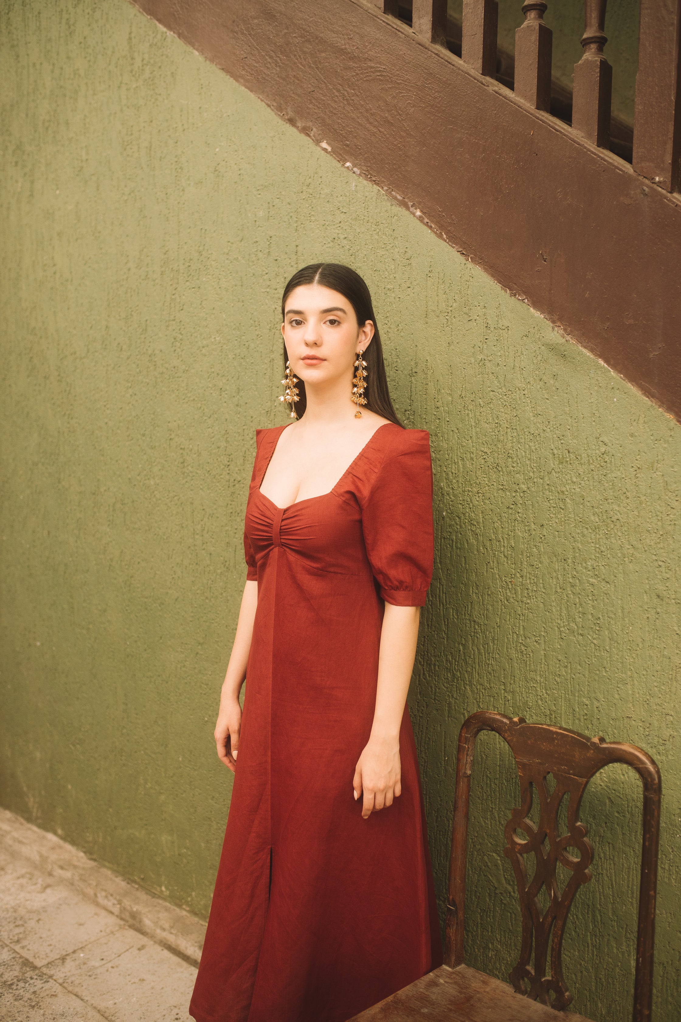 Red Midi Dress with Front Slit at kamakhyaa.com by Anushé Pirani. This item is Birthday Collection, Brunch Wear, Console Collection List, Cotton Hemp, Dresses, Midi Dresses, Nostalgic Whispers by Anushe Pirani, Outing Essentials, Red, Regular Fit, Review September 2025, Womenswear