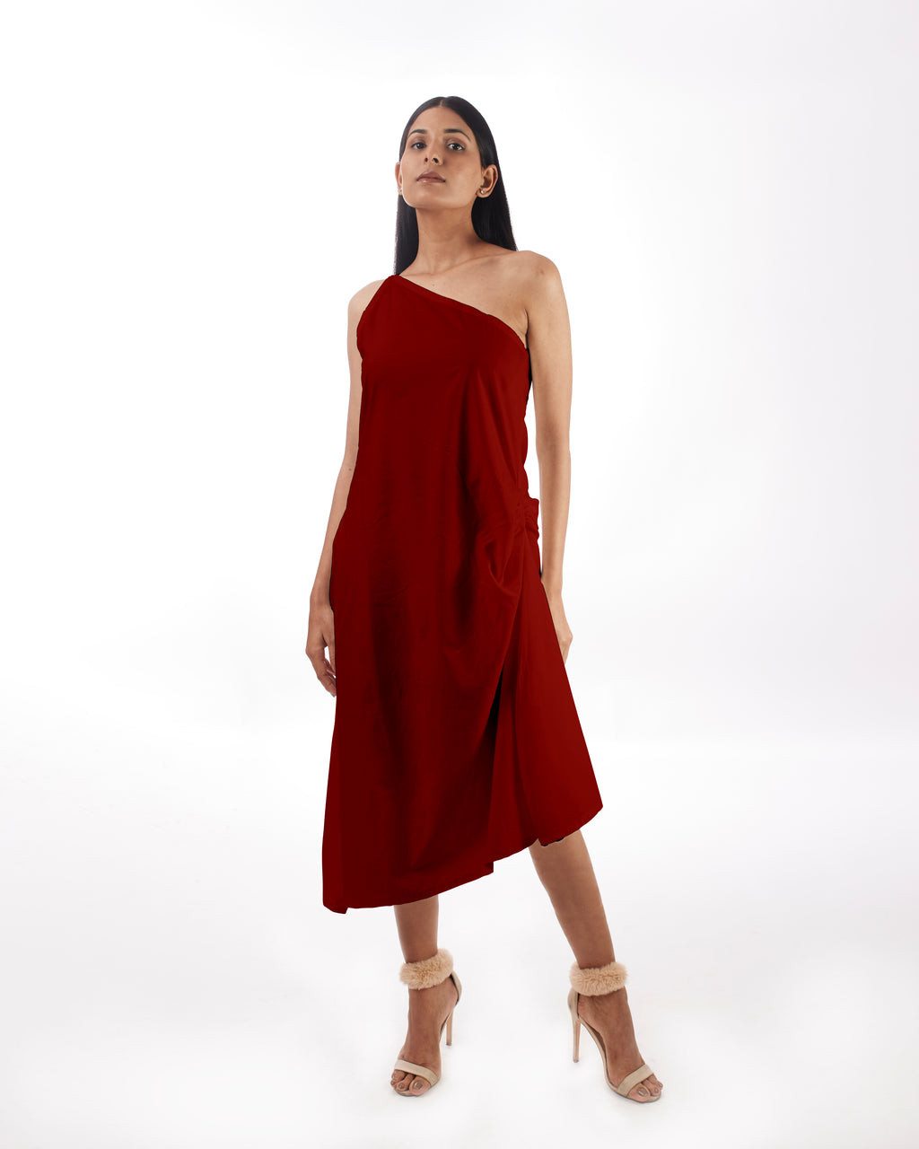 Red One Shoulder Dress at Kamakhyaa by Kamakhyaa. This item is 100% pure cotton, Evening Wear, KKYSS, Natural, One Shoulder Dresses, Red, Regular Fit, Solids, Summer Sutra, Womenswear