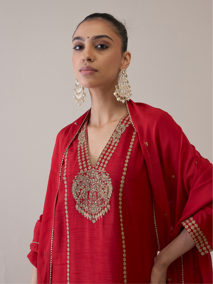 Red Party Wear Hand Embroidered Kurta Set with dupatta at Kamakhyaa by RoohbyRidhimaa. This item is Avani by RoohbyRidhimaa, Dori Embroidery, Kurta Set with Dupattas, Party Wear, Red, Regular Fit, Silk Organza, Toxin free, Viscose Raw Silk