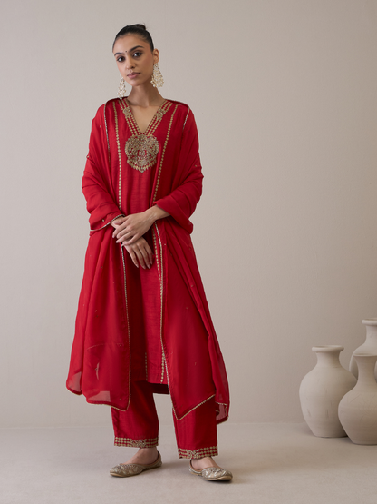 Red Party Wear Hand Embroidered Kurta Set with dupatta at Kamakhyaa by RoohbyRidhimaa. This item is Avani by RoohbyRidhimaa, Dori Embroidery, Kurta Set with Dupattas, Party Wear, Red, Regular Fit, Silk Organza, Toxin free, Viscose Raw Silk