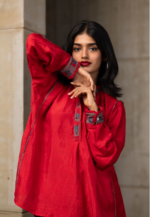 Red Patchwork Silk Shirt at Kamakhyaa by Araayeh. This item is Artisan Made, Evening wear, Handwoven Mulberry Silk, Red, Relaxed Fit, Shirts, Solids