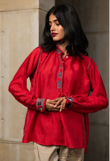 Red Patchwork Silk Shirt at Kamakhyaa by Araayeh. This item is Artisan Made, Evening wear, Handwoven Mulberry Silk, Red, Relaxed Fit, Shirts, Solids