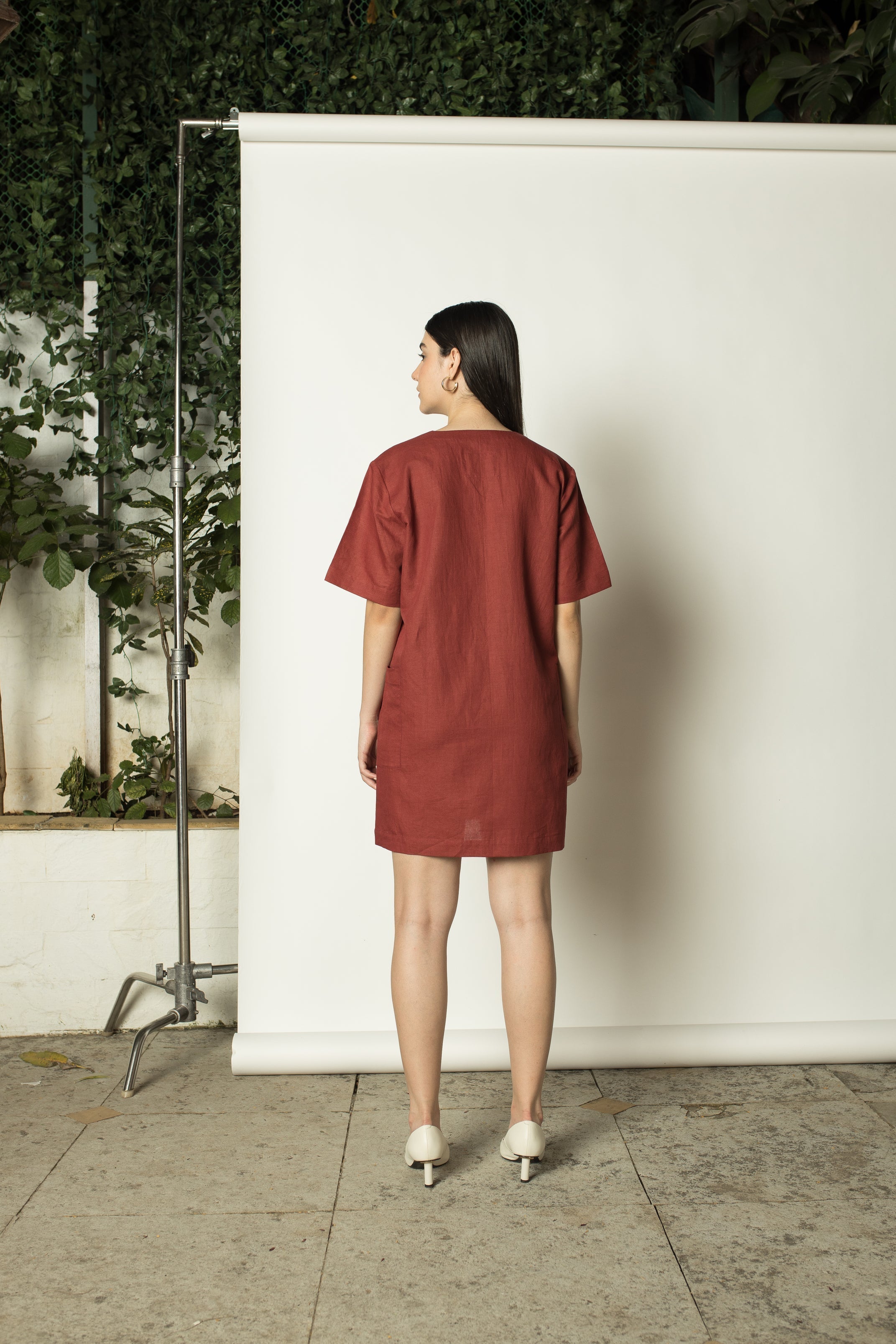 Red Plunge Dress at kamakhyaa.com by Anushé Pirani. This item is Console Collection List, Cotton Hemp, Dresses, Mini Dresses, Nostalgic Whispers by Anushe Pirani, Red, Regular Fit, Review September 2025, solid, Womenswear