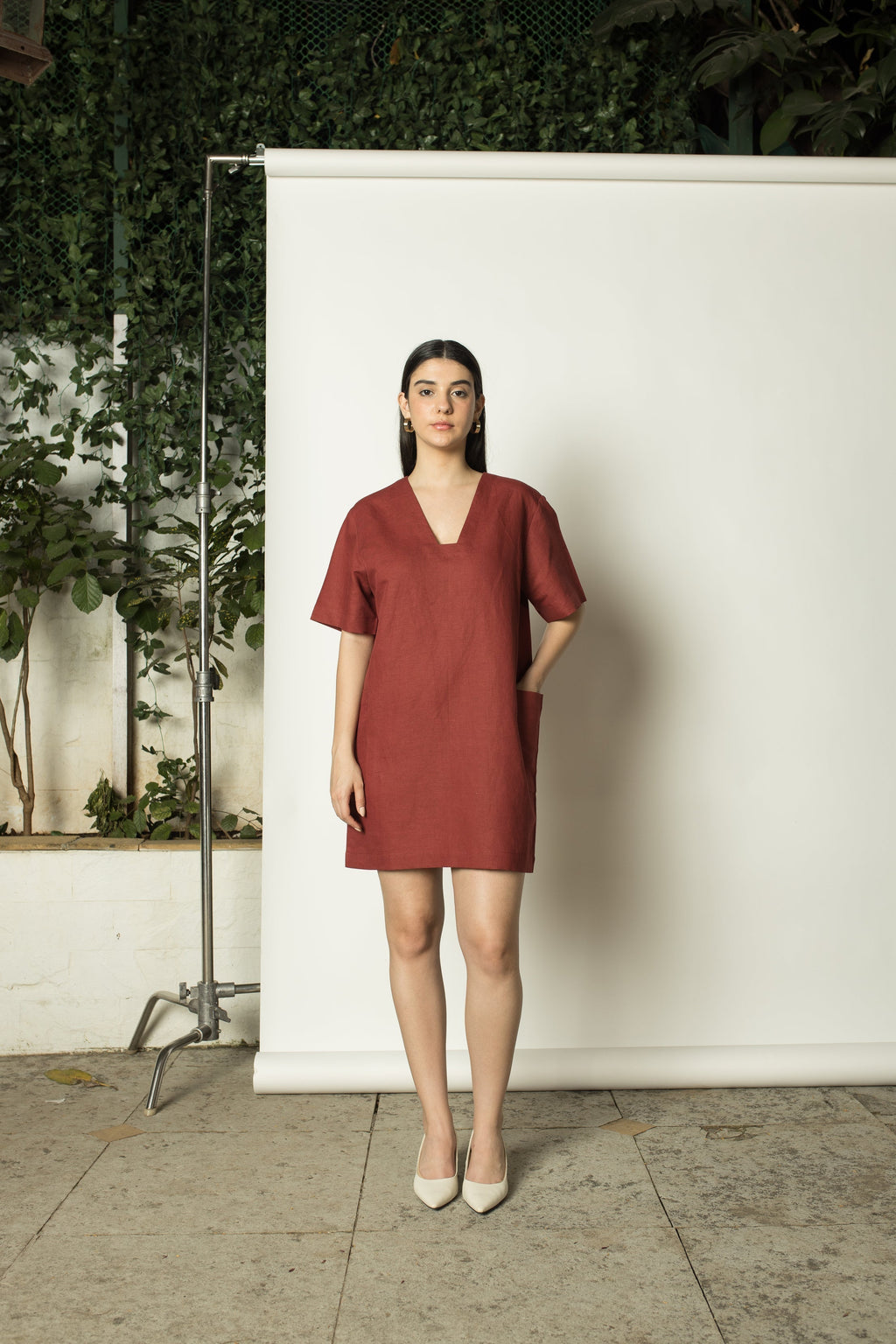 Red Plunge Dress at kamakhyaa.com by Anushé Pirani. This item is Console Collection List, Cotton Hemp, Dresses, Mini Dresses, Nostalgic Whispers by Anushe Pirani, Red, Regular Fit, Review September 2025, solid, Womenswear