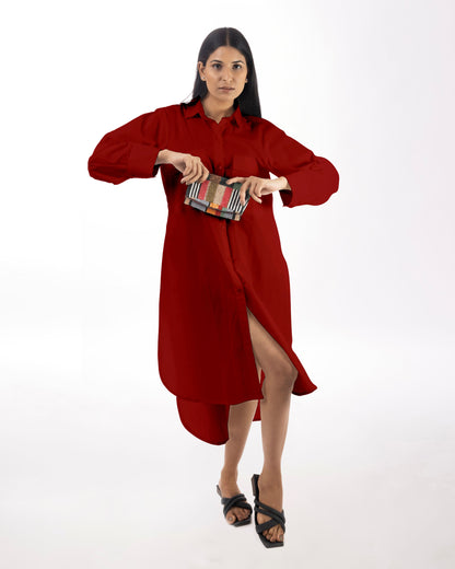 Red Shirt Dress High-Low at Kamakhyaa by Kamakhyaa. This item is 100% pure cotton, Casual Wear, KKYSS, Natural, Red, Regular Fit, Shirt Dresses, Solids, Summer Sutra, Womenswear