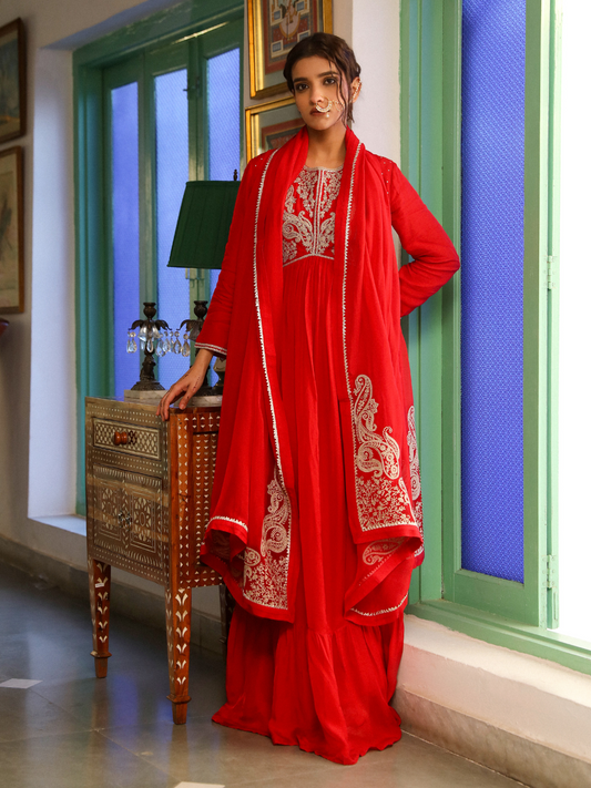 Red Silk Crepe Kurta Set with Dupatta at Kamakhyaa by RoohbyRidhimaa. This item is Dupattas, Embroidered, Festive Wear, Kurta Set with Dupattas, Organza, Red, Relaxed Fit, Sequins, Silk Crepe, Toxin free, Zari Embroidered