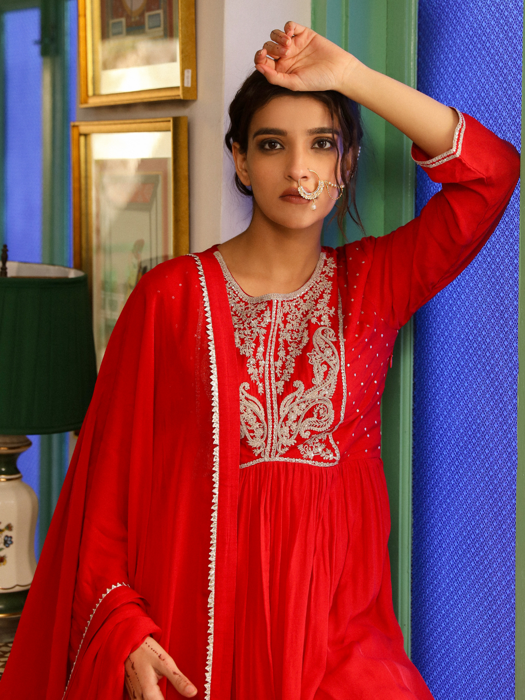 Red Silk Crepe Kurta Set with Dupatta at Kamakhyaa by RoohbyRidhimaa. This item is Dupattas, Embroidered, Festive Wear, Kurta Set with Dupattas, Organza, Red, Relaxed Fit, Sequins, Silk Crepe, Toxin free, Zari Embroidered