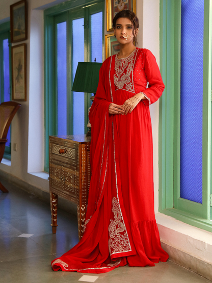 Red Silk Crepe Kurta Set with Dupatta at Kamakhyaa by RoohbyRidhimaa. This item is Dupattas, Embroidered, Festive Wear, Kurta Set with Dupattas, Organza, Red, Relaxed Fit, Sequins, Silk Crepe, Toxin free, Zari Embroidered