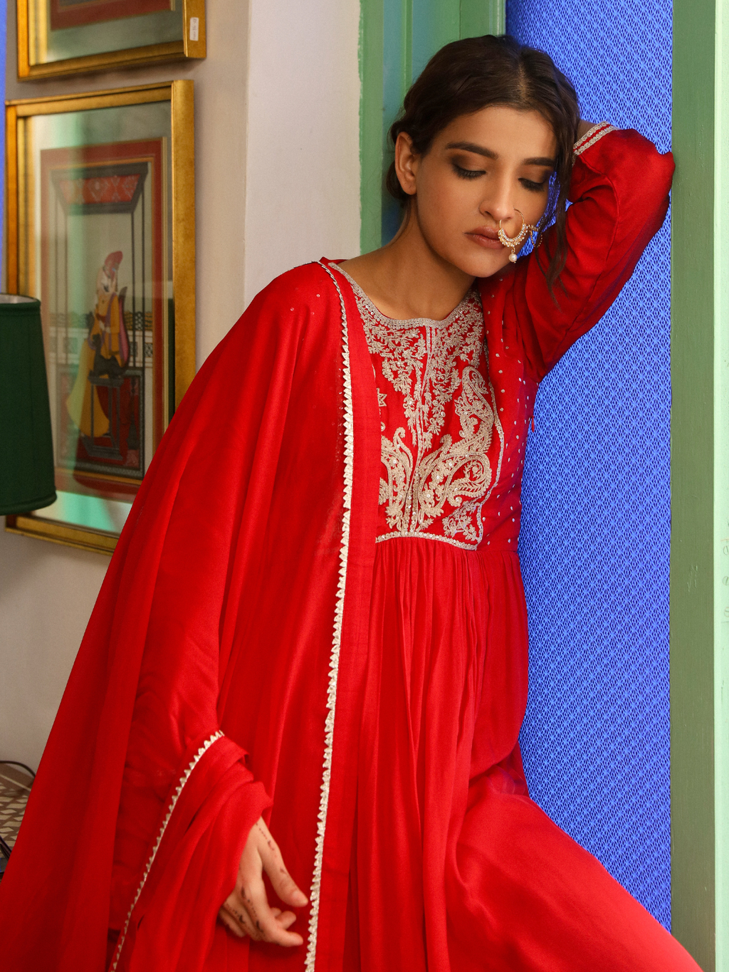 Red Silk Crepe Kurta Set with Dupatta at Kamakhyaa by RoohbyRidhimaa. This item is Dupattas, Embroidered, Festive Wear, Kurta Set with Dupattas, Organza, Red, Relaxed Fit, Sequins, Silk Crepe, Toxin free, Zari Embroidered