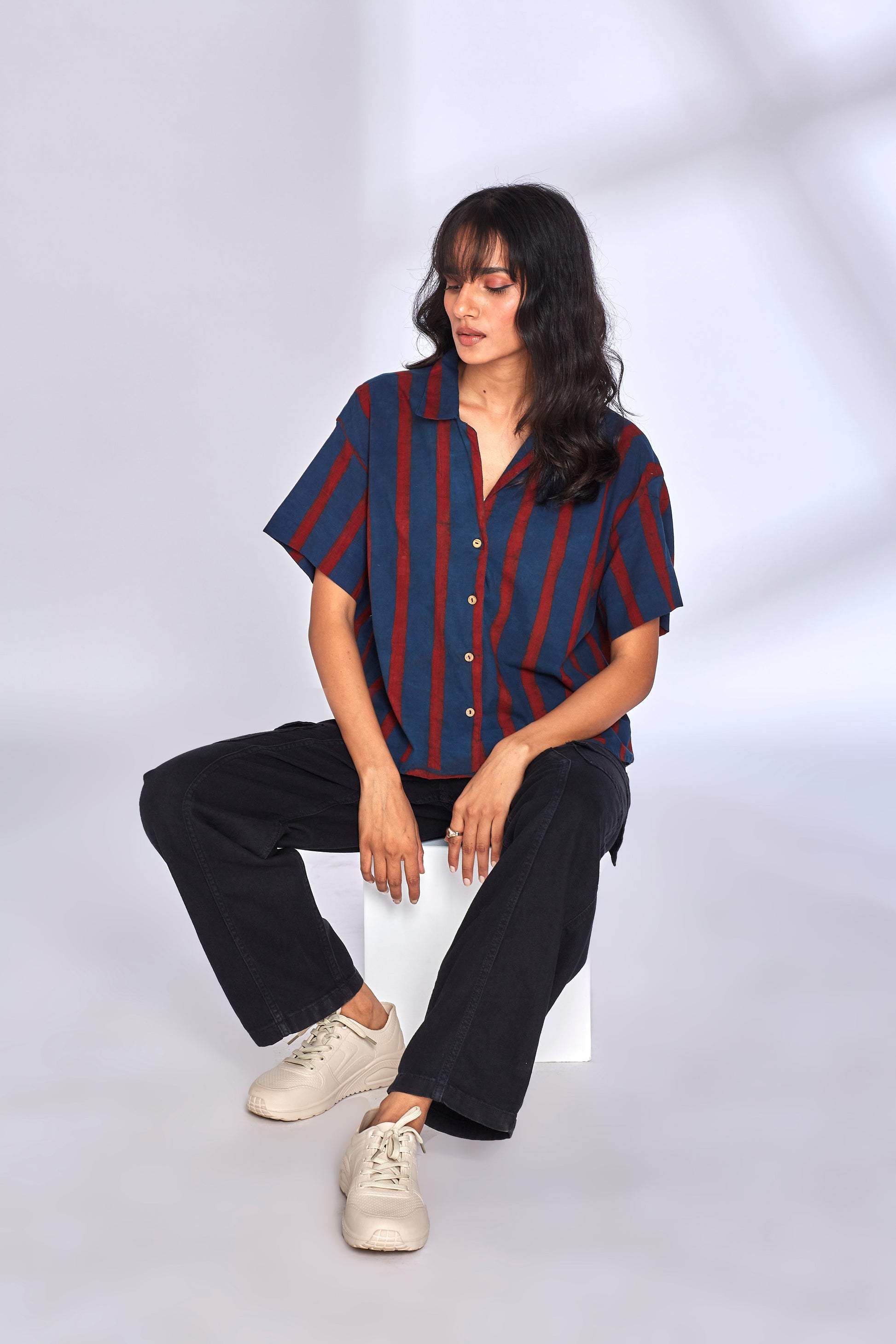 Red Striped Indigo Shirt at Kamakhyaa by Hasttvam. This item is Cotton, Fusion Wear, Handmade by Artisans, Indigo, Natural dyes, Relaxed Fit, Respondible production and Vegan, Stripes