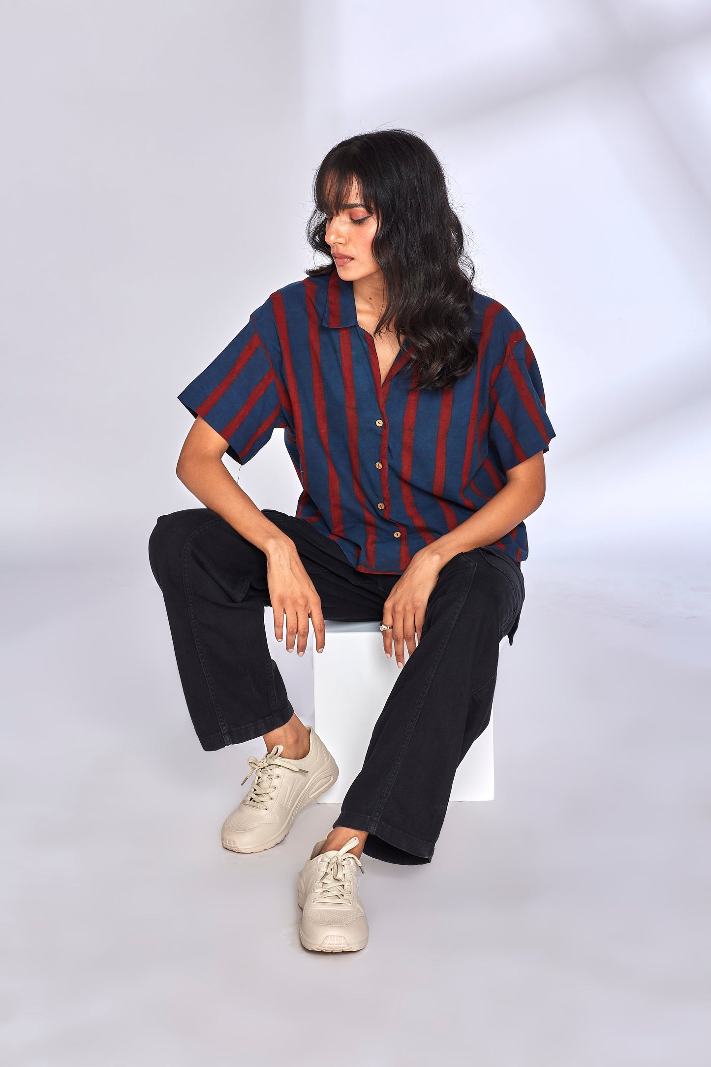 Red Striped Indigo Shirt at Kamakhyaa by Hasttvam. This item is Cotton, Fusion Wear, Handmade by Artisans, Indigo, Natural dyes, Relaxed Fit, Respondible production and Vegan, Stripes