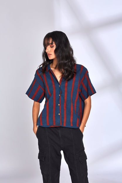 Red Striped Indigo Shirt at Kamakhyaa by Hasttvam. This item is Cotton, Fusion Wear, Handmade by Artisans, Indigo, Natural dyes, Relaxed Fit, Respondible production and Vegan, Stripes