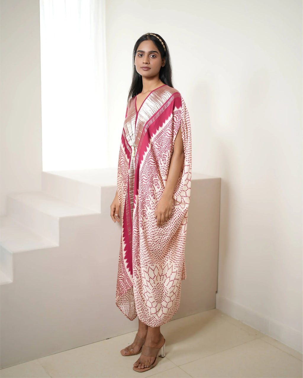 Red & White Bandhej Print Kaftan at Kamakhyaa by Mayura Kumar. This item is Bandhej, Bandhej Bandhini Mixology by Mayura Kumar, Dry clean, Festive Wear, Modal, Modal Satin, Modal Satin Silk, Red, Relaxed Fit, Satin Silk, Silk, Tie-Dye