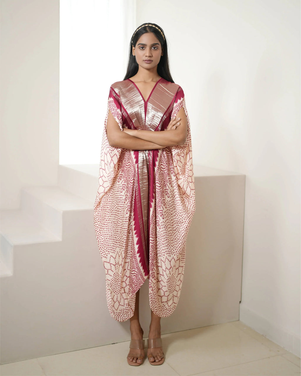 Red & White Bandhej Print Kaftan at Kamakhyaa by Mayura Kumar. This item is Bandhej, Bandhej Bandhini Mixology by Mayura Kumar, Dry clean, Festive Wear, Modal, Modal Satin, Modal Satin Silk, Red, Relaxed Fit, Satin Silk, Silk, Tie-Dye