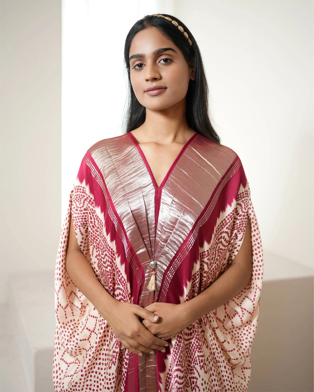 Red & White Bandhej Print Kaftan at Kamakhyaa by Mayura Kumar. This item is Bandhej, Bandhej Bandhini Mixology by Mayura Kumar, Dry clean, Festive Wear, Modal, Modal Satin, Modal Satin Silk, Red, Relaxed Fit, Satin Silk, Silk, Tie-Dye