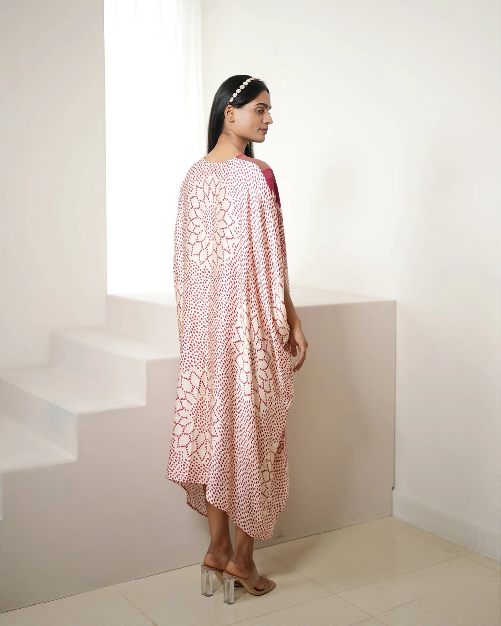 Red & White Bandhej Print Kaftan at Kamakhyaa by Mayura Kumar. This item is Bandhej, Bandhej Bandhini Mixology by Mayura Kumar, Dry clean, Festive Wear, Modal, Modal Satin, Modal Satin Silk, Red, Relaxed Fit, Satin Silk, Silk, Tie-Dye